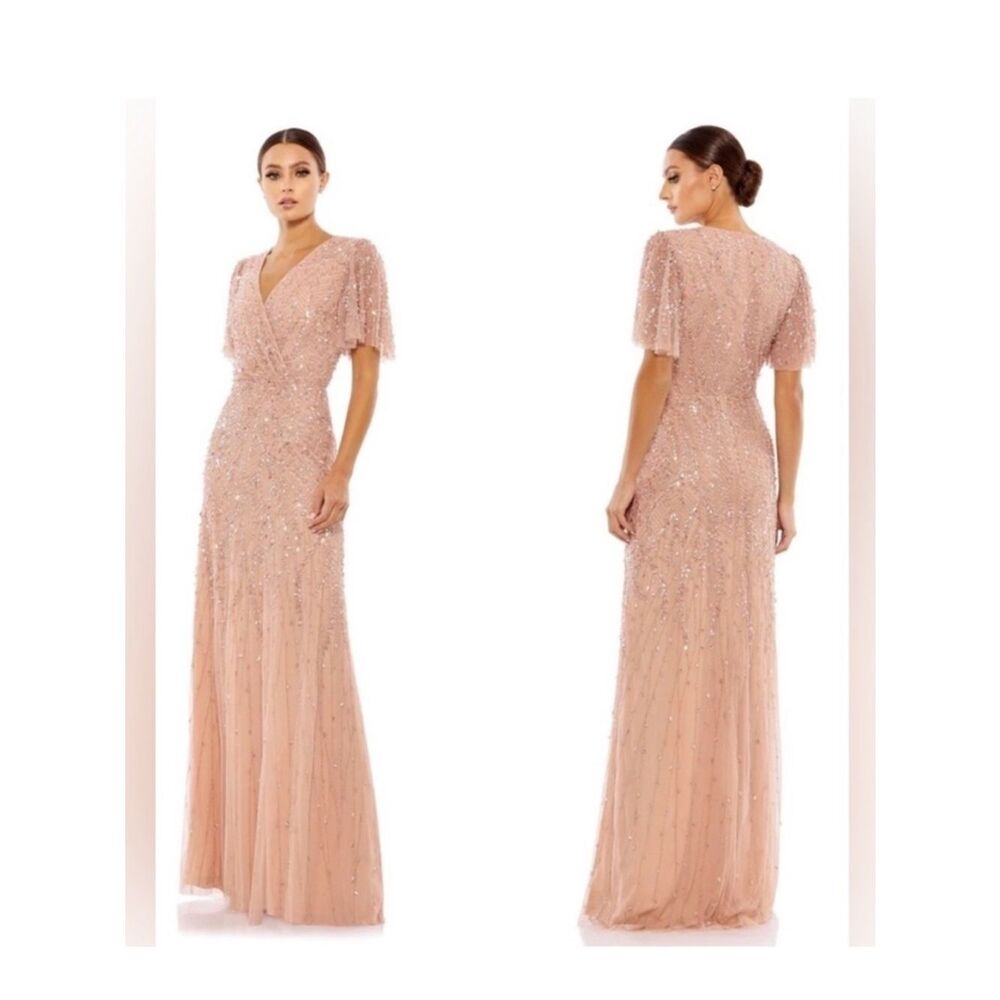 NWT | Mac Duggal 35109 Nude Pink Embellished Flutter Sleeve Gown Size 8